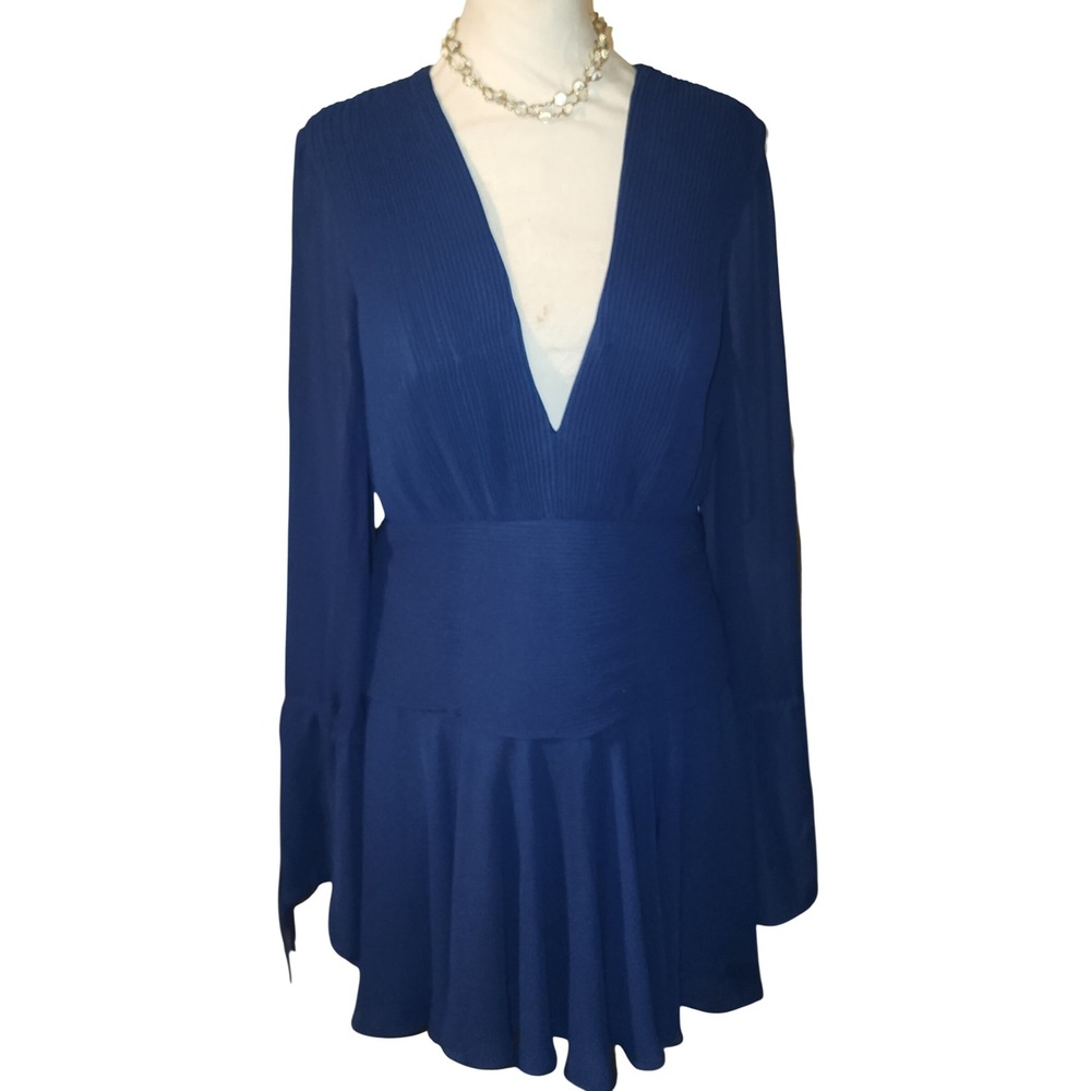 New With Tags IEENA for Mac Duggal Royal Blue Pleated V-Neck Mini Dress Size 10